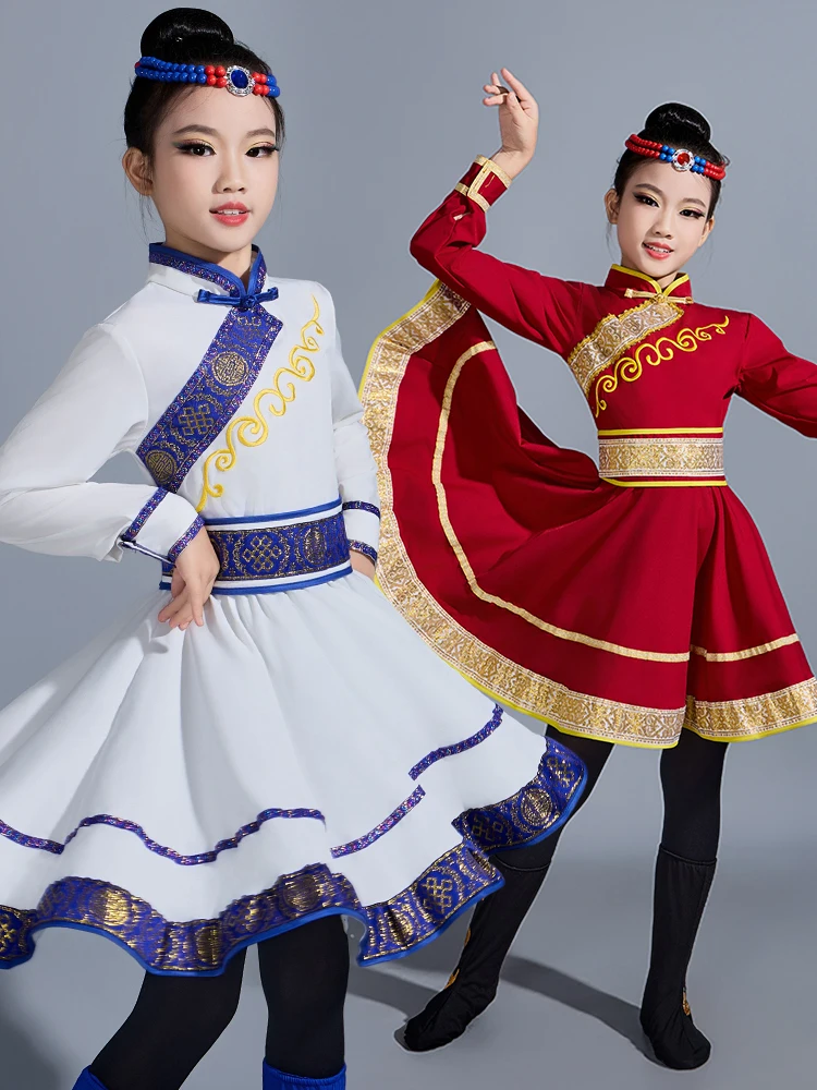 

Монгольский этнический костюм для девочек, детская одежда для выступлений, белая одежда для танца с палочками, этническая одежда для малых народностей