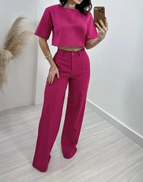 Women's 2024 Summer Two Piece Pants Set Solid Color Round Neck Short Sleeve Umbilical Top+Straight High Waist Wide Leg Pants
