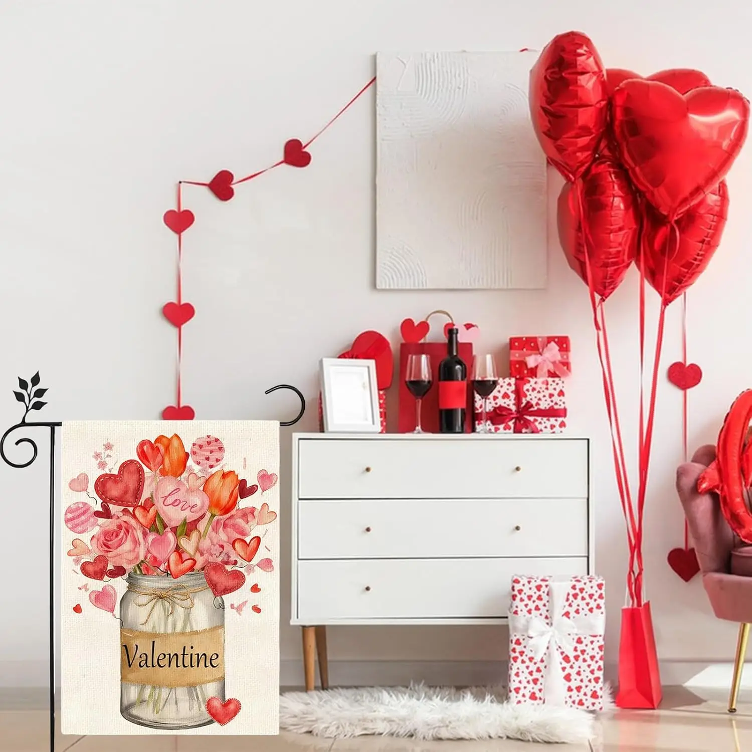 Valentines Day Mason Jar Garden Flag 12x18 Inch Vertical Double Sided for Outside flag for Anniversary Wedding Outside Decor AAS