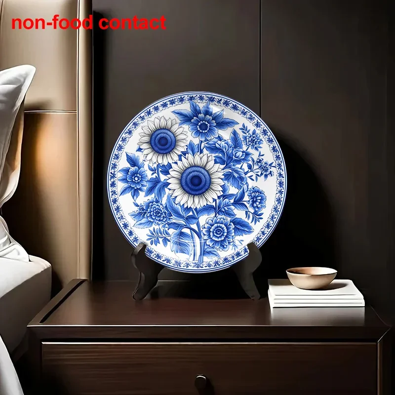 1pc Vintage Floral Ceramic Decorative Plate - Hand-Painted Blue & White Flower Art, Round Non-Food Contact Home Decor for