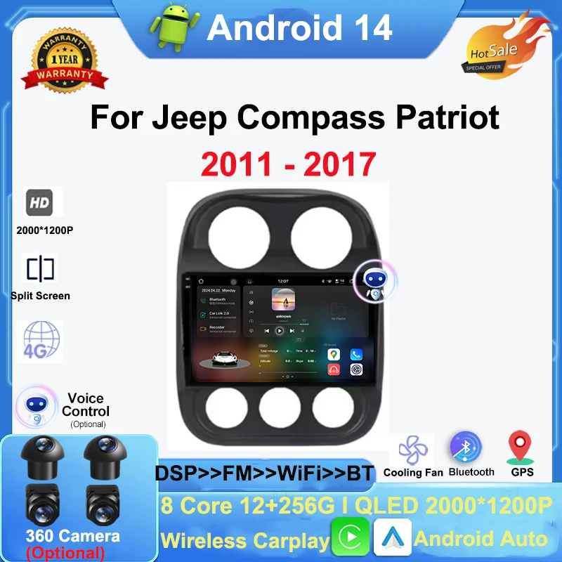 

4G Car Android 14 For Jeep Compass Patriot 2011 - 2017 Auto Radio Multimedia Player GPS Navigation Carplay QLED Screen No 2din