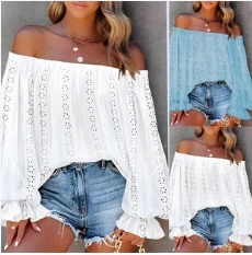 

Top Women Lantern Sleeve Blouse Sexy One Collar Off Shoulder Chiffon Shirt Frill Hem Elegant Club Party White Shirt Streetwear