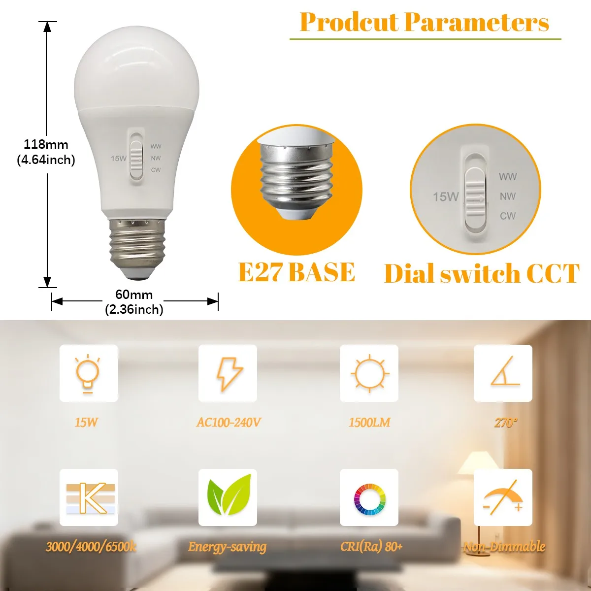 Ampoule LED E27 à commutation de température tricolore, interrupteur DIP, AC100-240V, 15W équivalent à 80W, pour salon, maison