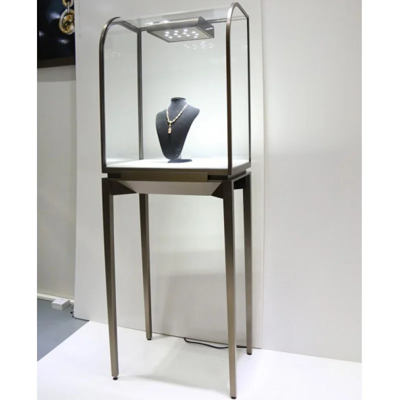 Custom, High-End Goud Roestvrij Staal Sieraden Display Glazen Vitrine Kast Luxe Sieraden Showcase Display