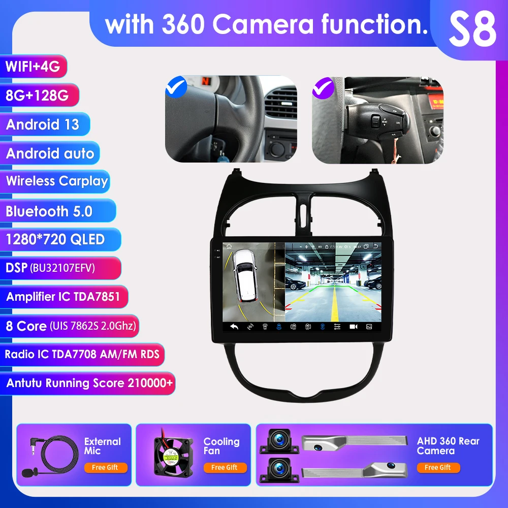 

For PEUGEOT 206 206SW 206CC 2001 - 2008 Autoradio Wirless Carplay Android Auto Car radio GPS 360 Camera Car intelligent Systems