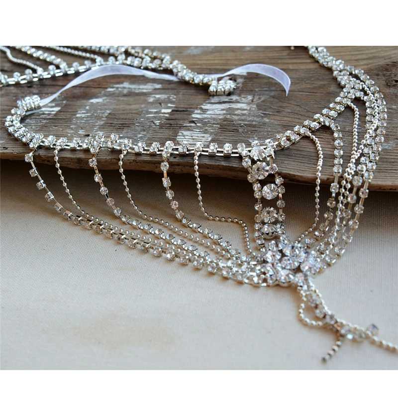 Fashion Multilayer Rhinestone One Shoulder Chain Boho Bride Wedding Super Sparkling Crystal Tassel Shawl Chain Jewelry Wholesale