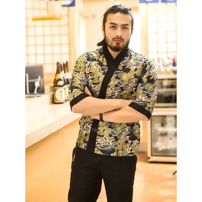 Kimono estampado para hombre, uniforme de trabajo de Chef, Sushi, restaurante, abrigo, bata de servicio de comida, estilo japonés, chaquetas de cocina, camisa de blusa