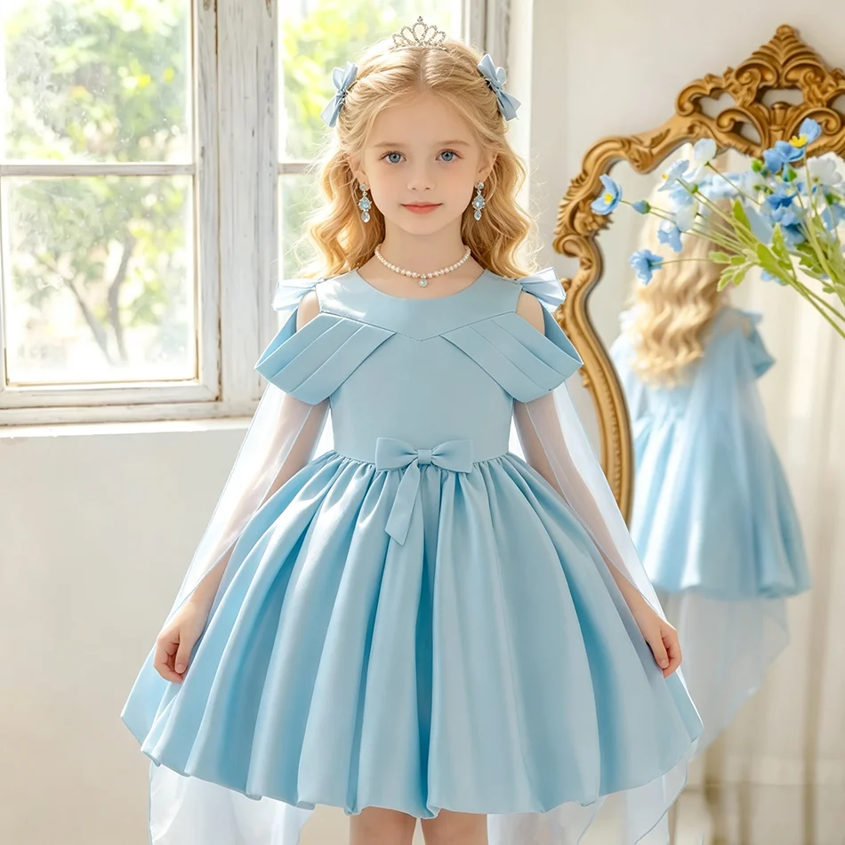Toddler Girls Blue Satin Dress Fold Off Shoulder Big Back Ribbon Train Puffy Skirt Kids Elegant Baptism Flower Girl Gown ASQ03