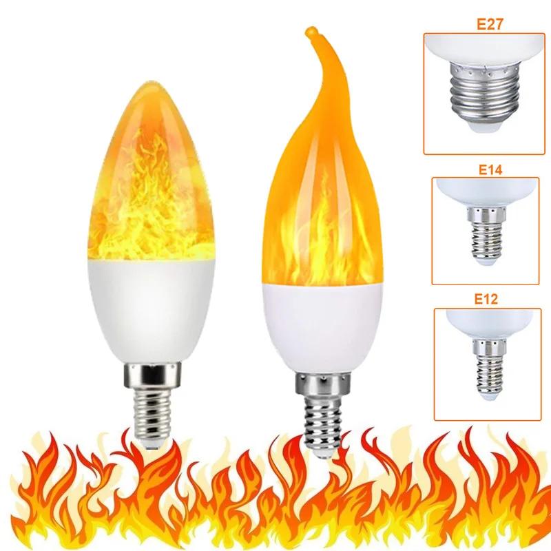 1pc E27 E14 E12 LED Flicker Flame Candle Bulb Jump Fire Yellow Lamp 1600k 1700k 1800k 3 modes Flame Atmosphere Landscape Light