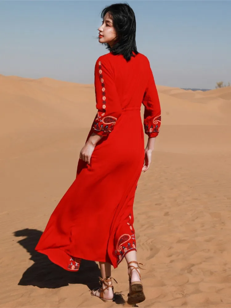 Jastie V-Neck Retro Folk Style Embroidery Dress Boho Hippie Tie Waist Casual Beach Long Holiday Dress Women Vestidos 2025 Spring