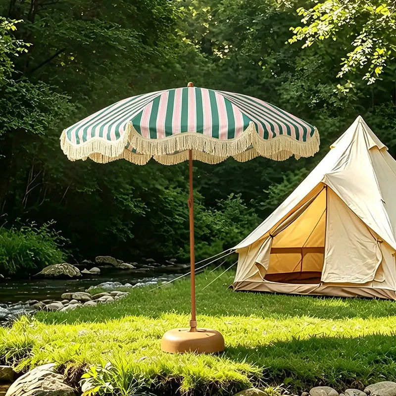 Mucai round outdoor striped fringed umbrella tilting Internet celebrity stall umbrella beach parasol garden umbrella