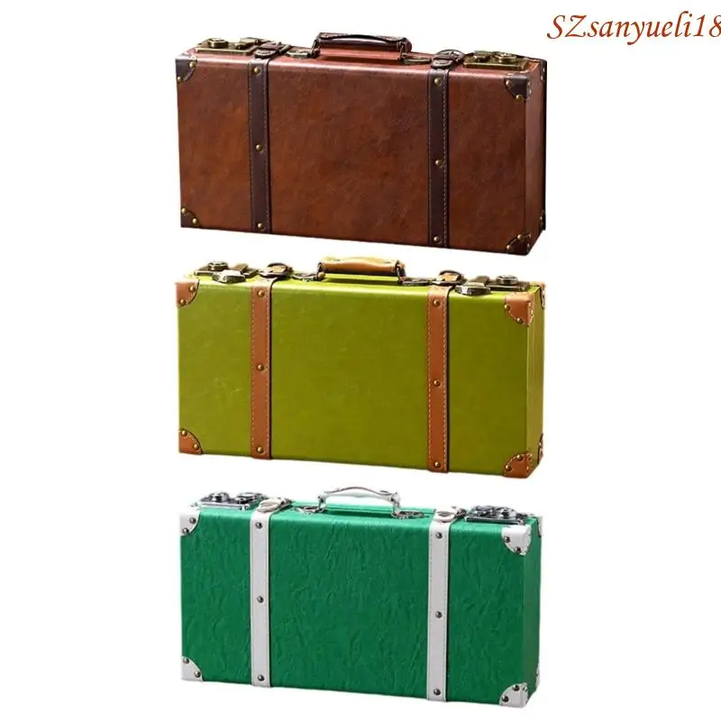 

94PC Handcrafted Leather Trunk Practical Carrying Case Decorative Clothes Storage Suitcase Photography Props Case