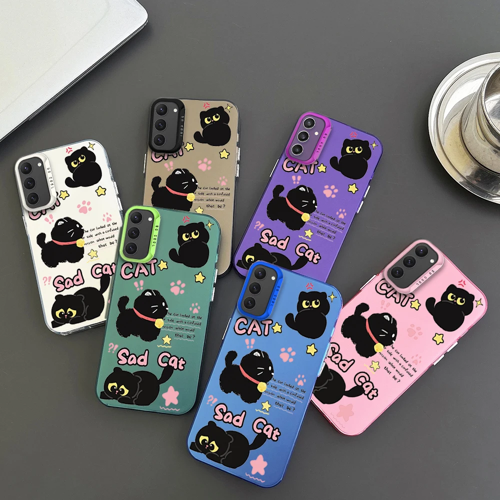 

Cartoon Sad Cat Phone Case For Samsung S23 S24 S22 A71 A55 ULTRA PLUS FE Electroplated Silver IMD Laser Color Shell