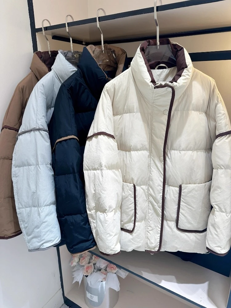 90%ダックダウンジャケット 韓国風 ルーズカラー ミドル丈コート 2025年冬新作 レディース スノーコート 厚手 暖かい アウター 女性用パーカー ブレッドスーツ