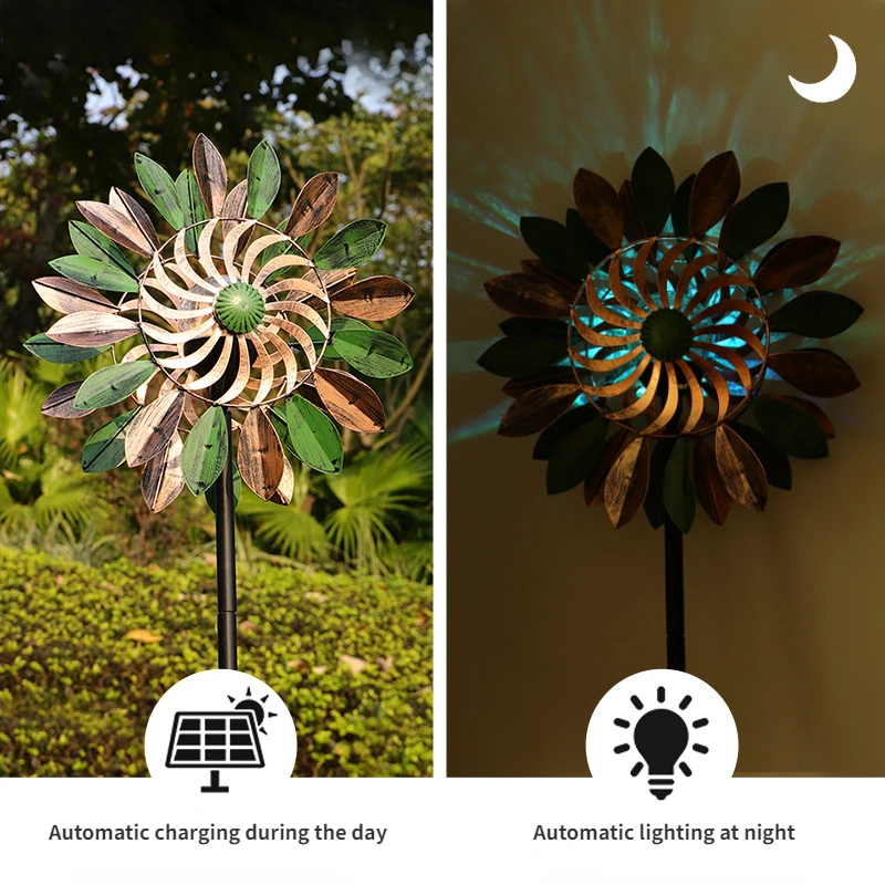 New Metal Windmill Color Garden Flower Solar Light Decoration Double-Sided Rotating Ornaments Windmill Garden Yard Outdoor Decor