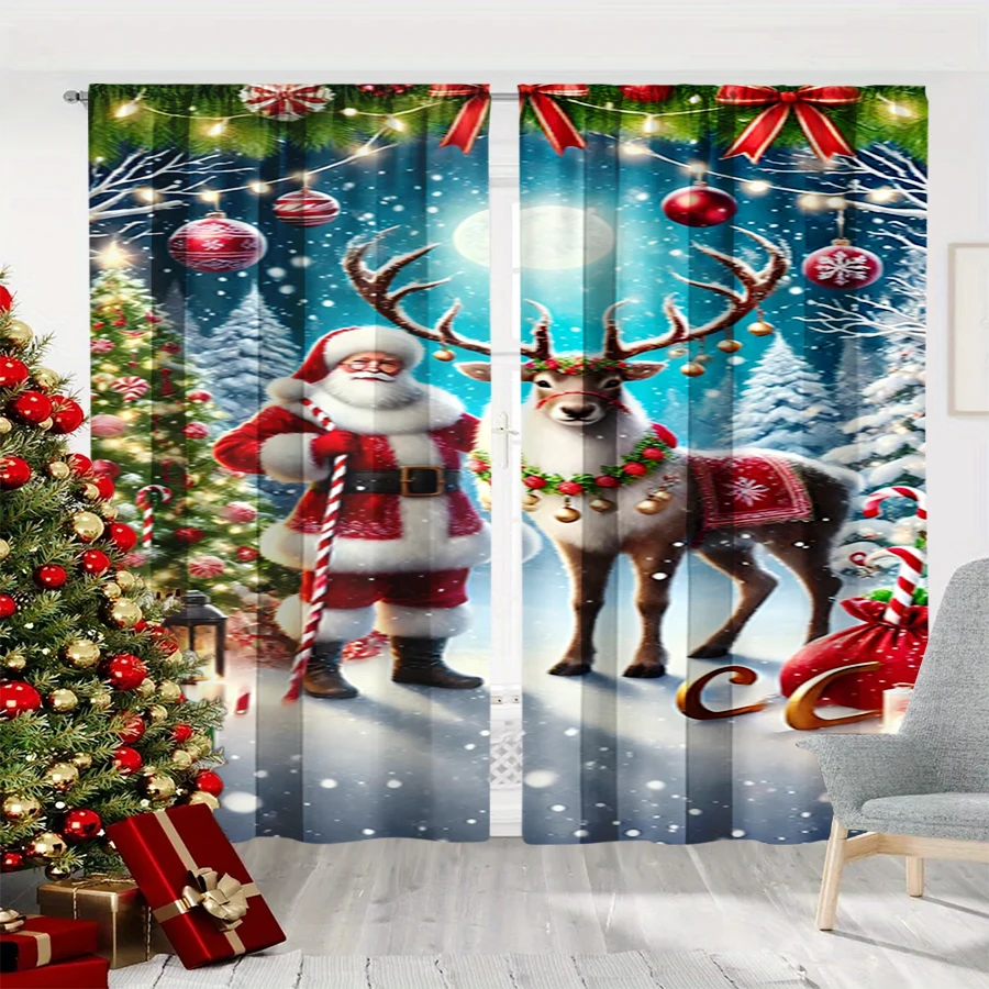 2PCS Christmas Winter Curtains, Santa Reindeer Snow Tree Light Ball Gift, Digital Print, Bedroom Living Room, Home Decor