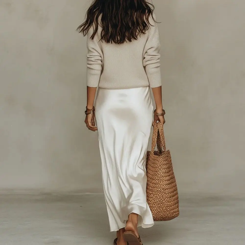 New V Neck Two Piece Dress Set Solid Color Slim Fit Satin Long Dress Suspender Skirt Sleeveless Long Sleeve Knit Top Beach Wear
