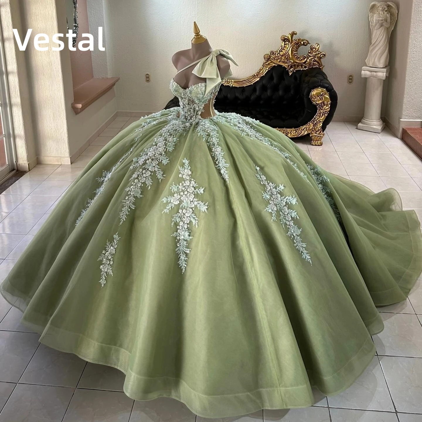 Sage Green Princess Quinceanera Dress Lace Applique Beading One Shoulder Sweet 16 Elegant Ball Gown Birthday Party Customized