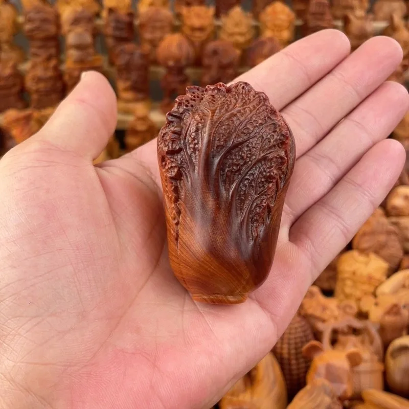 Natural Cypress Wood Carving Cabbage Baicai Ornament Wenwan Handle Solid Wood Handicraft Ornament Pendant