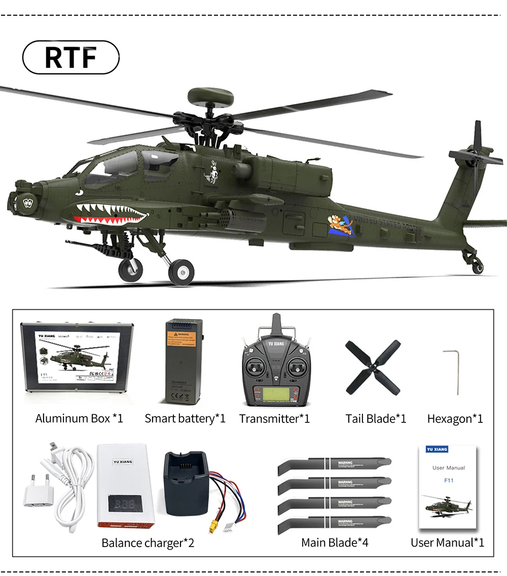 YXZNRC F11 AH-64D Apache RC Helicopter with 6-Axis Gyro 2.4G 6CH Brushless Motor 1:32 Scale Flybarless 3D RC Helicopter Model