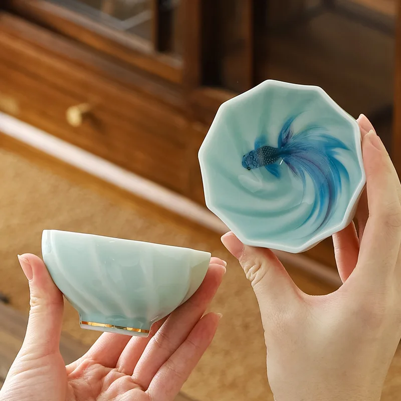 Creative Longquan Celadon Special Shaped Master Cup Koi Pattern Tea Bowl Kung Fu Tasting Cup Large Size Tea Ware