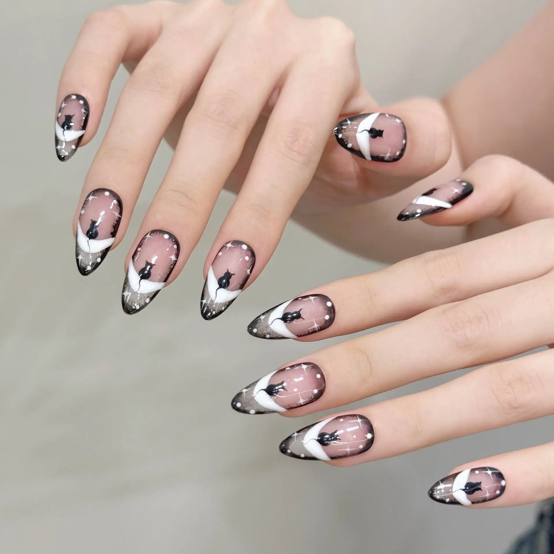 

10Pcs Handmande Almond Y2k Press on Nails Night Sky Cute Black Cat Design Sweet Cool Fake Nails Wearable Nails Art Spice Girls