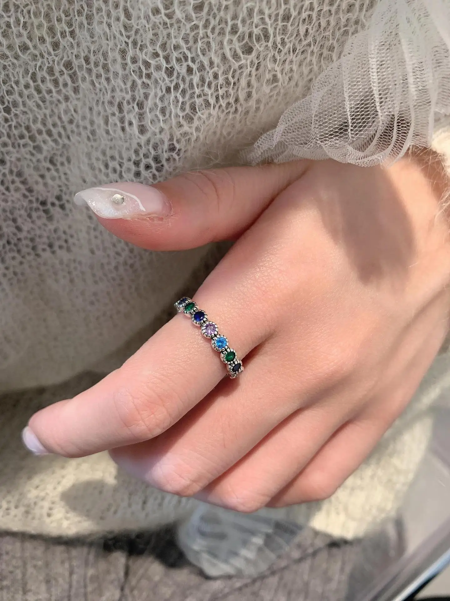 LIVVY Silver Color New Fashion Multi-colored Circular Zircon Chain Ring For Women Trendy Creative Adjustable Party Jewelry