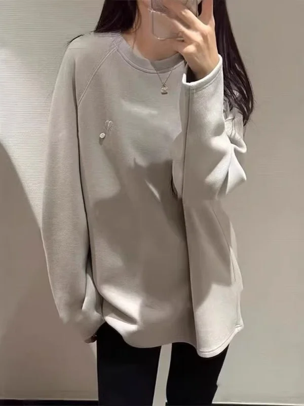 

Женская толстовка больших размеров с вышивкой, свободного кроя, средней длины, осенне-зимняя, в корейском стиле