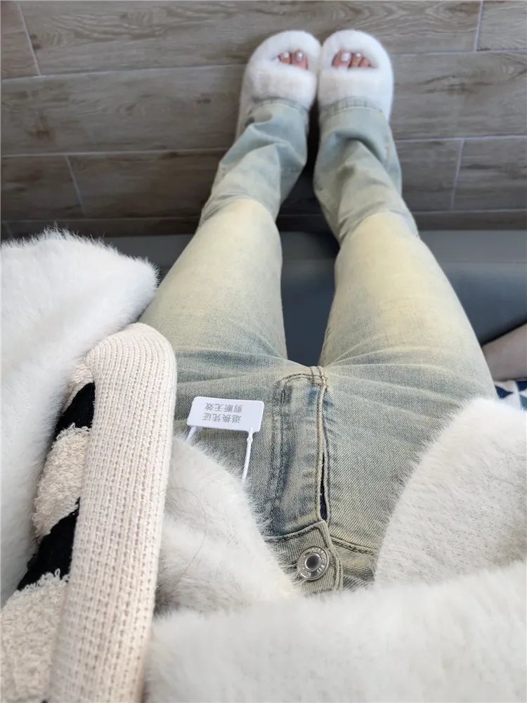 

Женские джинсы-клеш с высокой талией, темно-синие, с эффектом потертости и окрашивания, утягивающие, весенне-осенние, длинные зауженные брюки