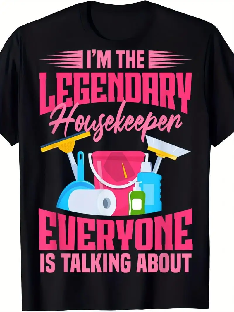 Men's & Women's 100% Cotton Housekeeper T-Shirt, Heavyweight 180Gsm Retro Cleaning-Themed Workwear With Pink Slogan Graphics