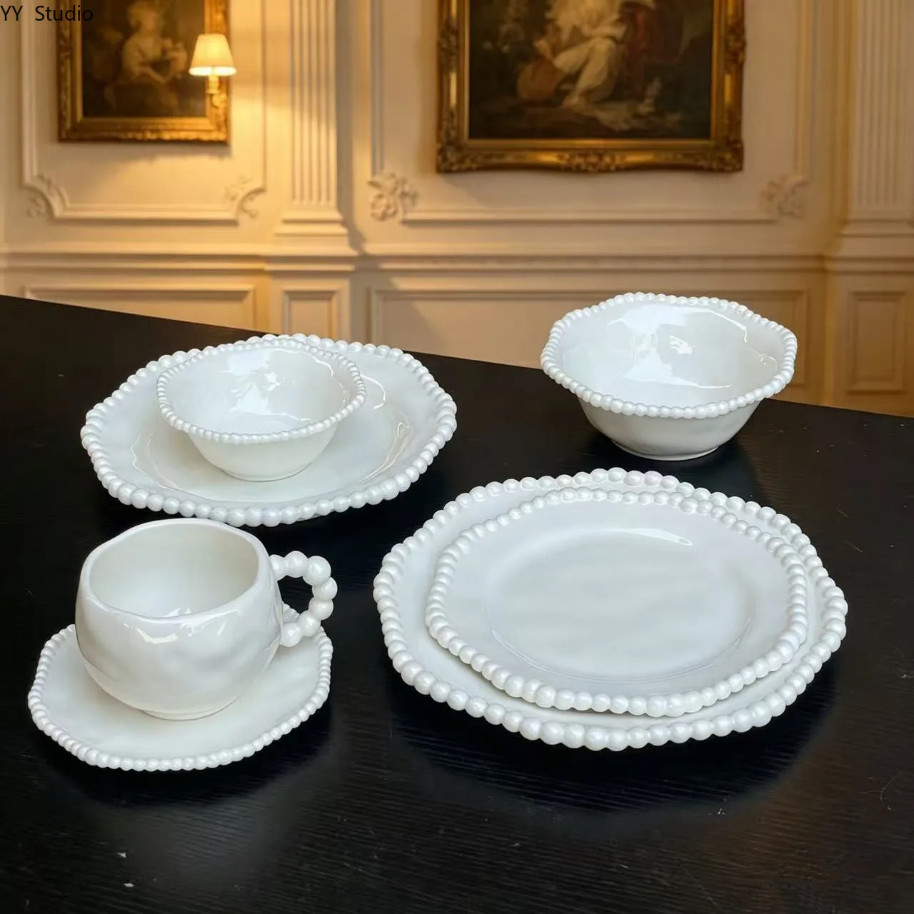 French Retro Ceramic Tableware Set Creative Beads Home Plate Afternoon Tea Coffee Cup and Saucer Set Kitchen Tableware