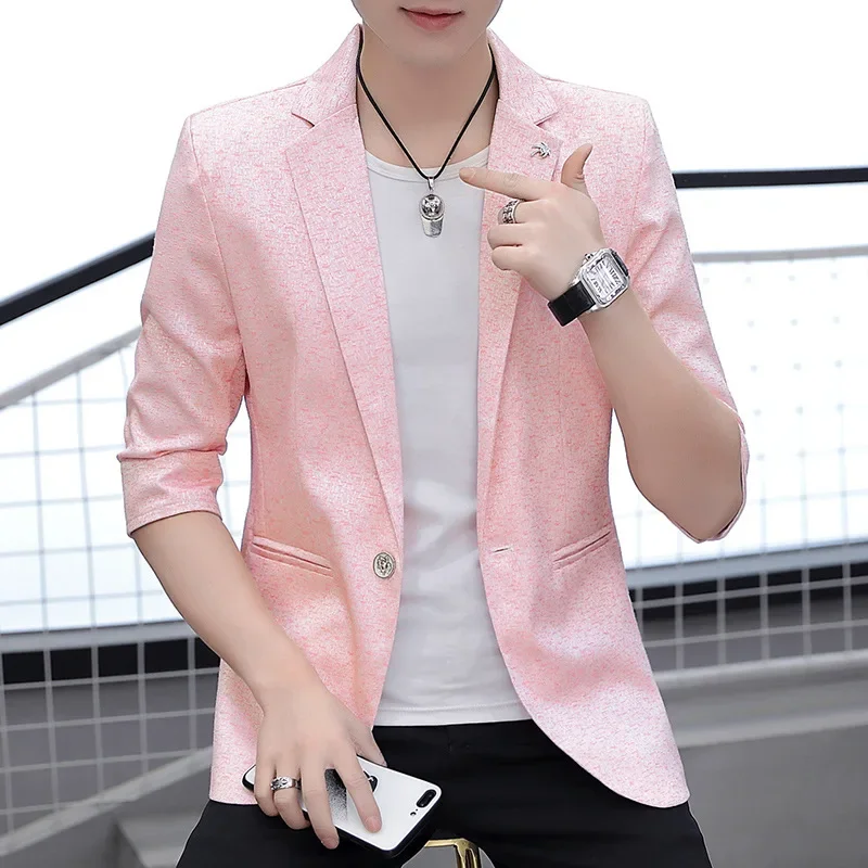 

HOO 2024 Summer New Men's Half Sleeve Jacquard Suit Jacket Youth Handsome Casual blazer