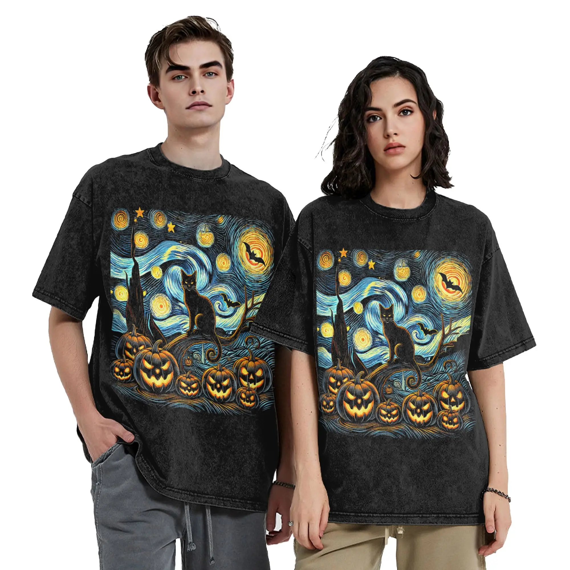 Halloween Van Gogh Starry Night Washed T Shirts Retro T-Shirts Pumpkin Black Cat Tees Tops for Men Women Cotton Oversize Summer