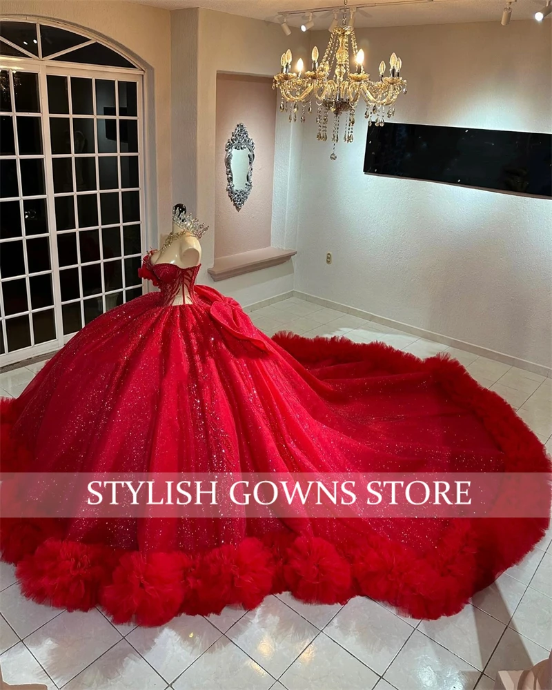 Red Sweetheart Bow Quinceanera Dresses For Black Girl Bead Appliques 2024 Birthday Luxury Dress Ruffles Sweet 16 Customized