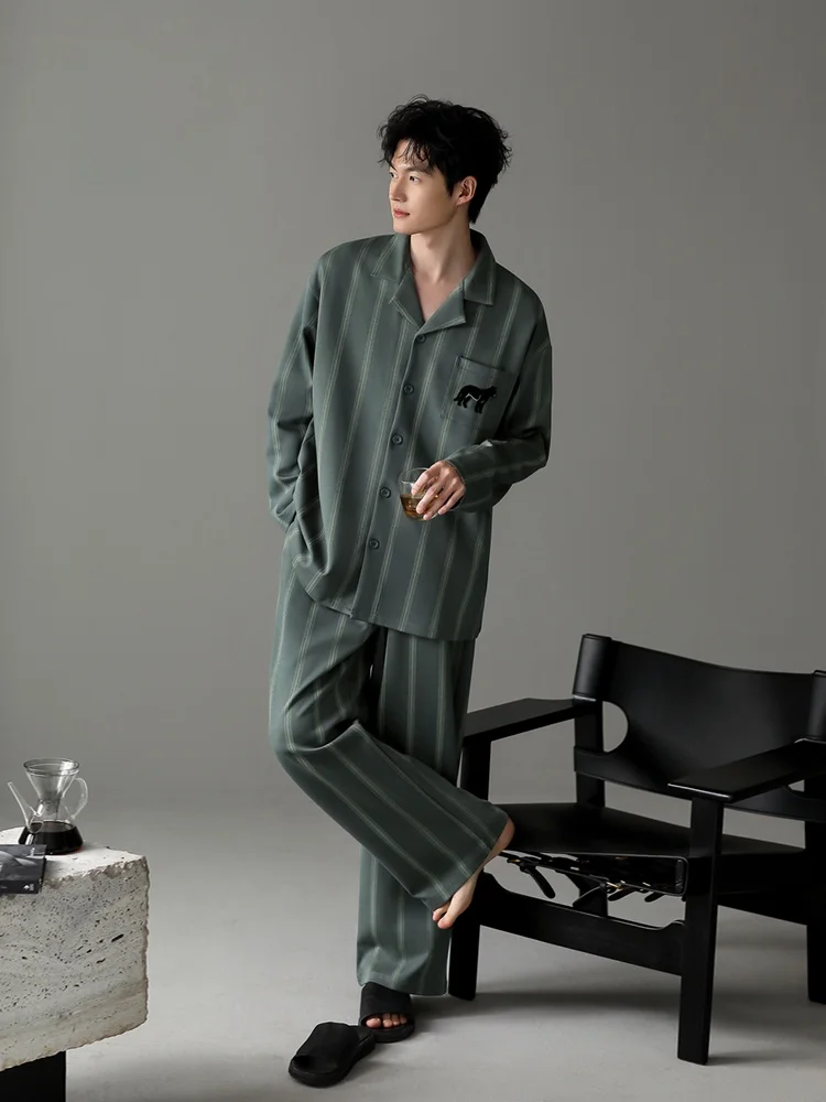 men's-pure-cotton-long-sleeve-sleepwear-spring-autumn-home-clothes-large-size-casual-open-cardigan-striped-new-advanced-feeling