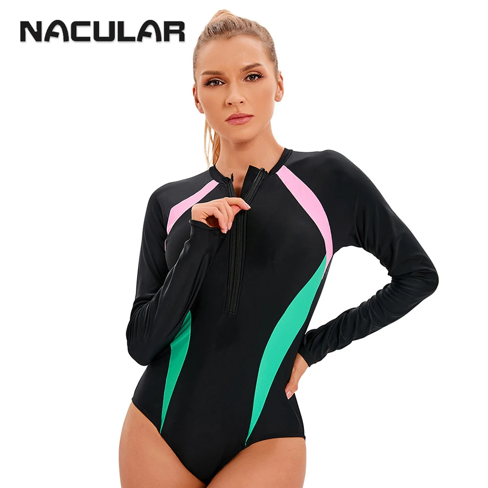 NACULAR Long Sleeve Swimsuit Women Rash Guard Patchwork Sport Large Size Surfing Swimwear One Piece Bathing Suit Beach Zipper