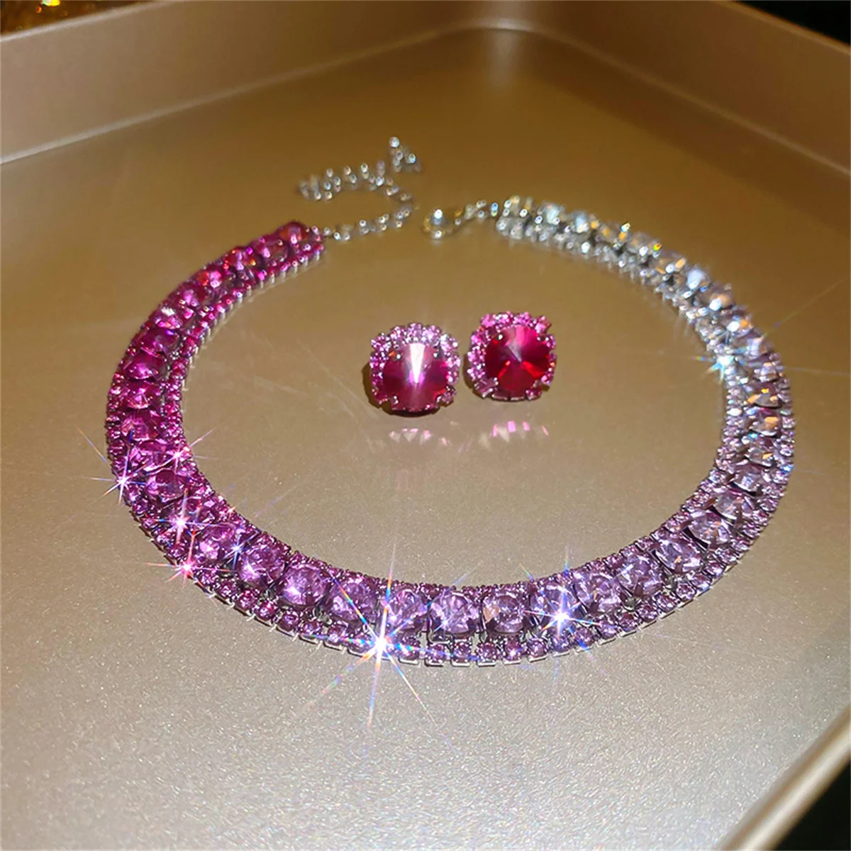 FYUAN Luxury Crystal Necklace Earrings Set Pink Purple colourful Necklace for Women Weddings Party Jewelry Sets Accessories