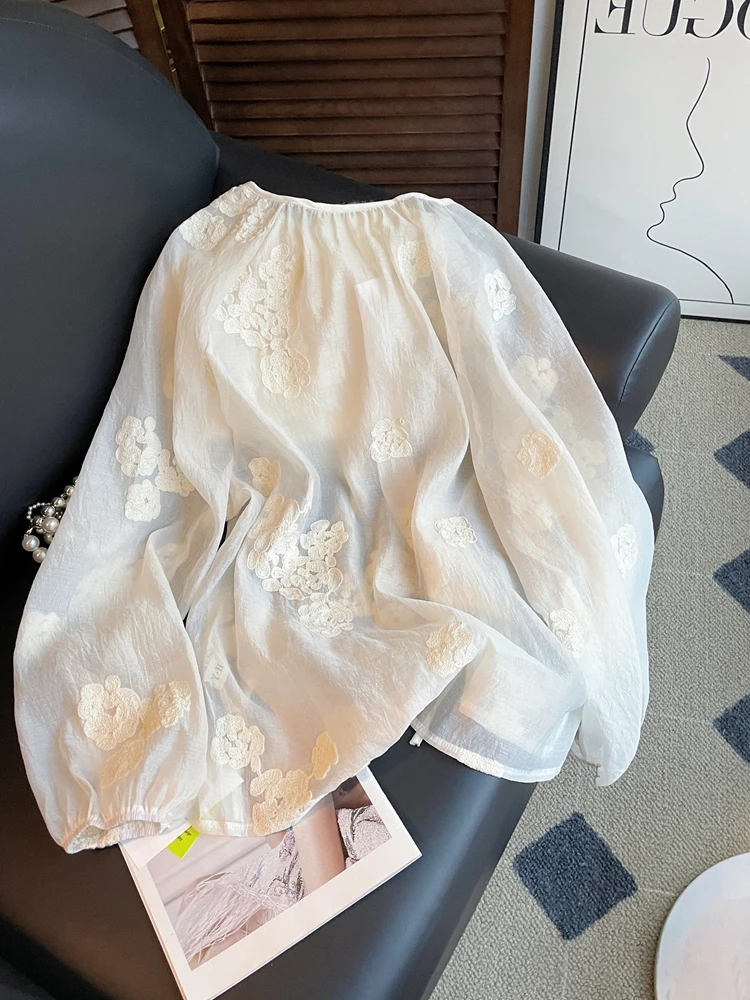 

Ele Embroidered Loose Fit Long Sve Chiffon irt Thin Heavy Du Faionable Top for Women Autumn Season High End Clot...