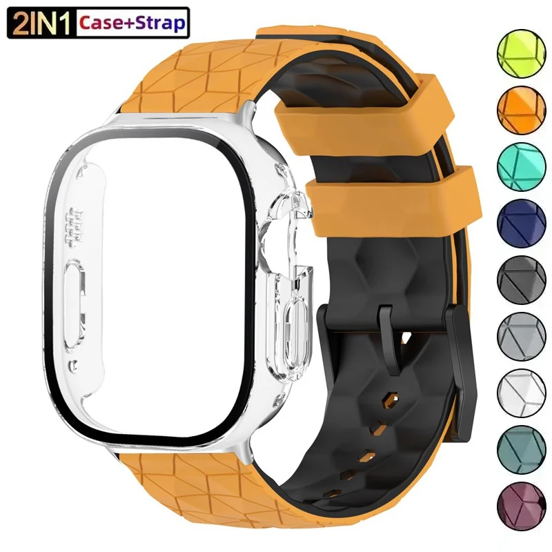 Silikonarmband + Hülle für Apple Watch Series 11 10 Ultra 2 SE, 46 42 49 45 41 44 40 38mm Fußballmuster-Band PC-Schutzhülle