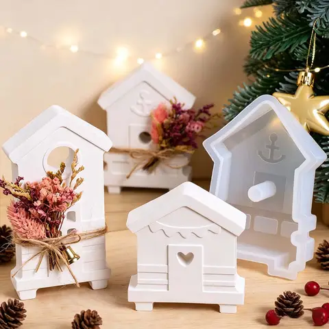 Creative Christmas Cottage Silicone Mold DIY Xmas Ornament Seaside House Crafts Making Plaster Resin Casting Molds Home Decor