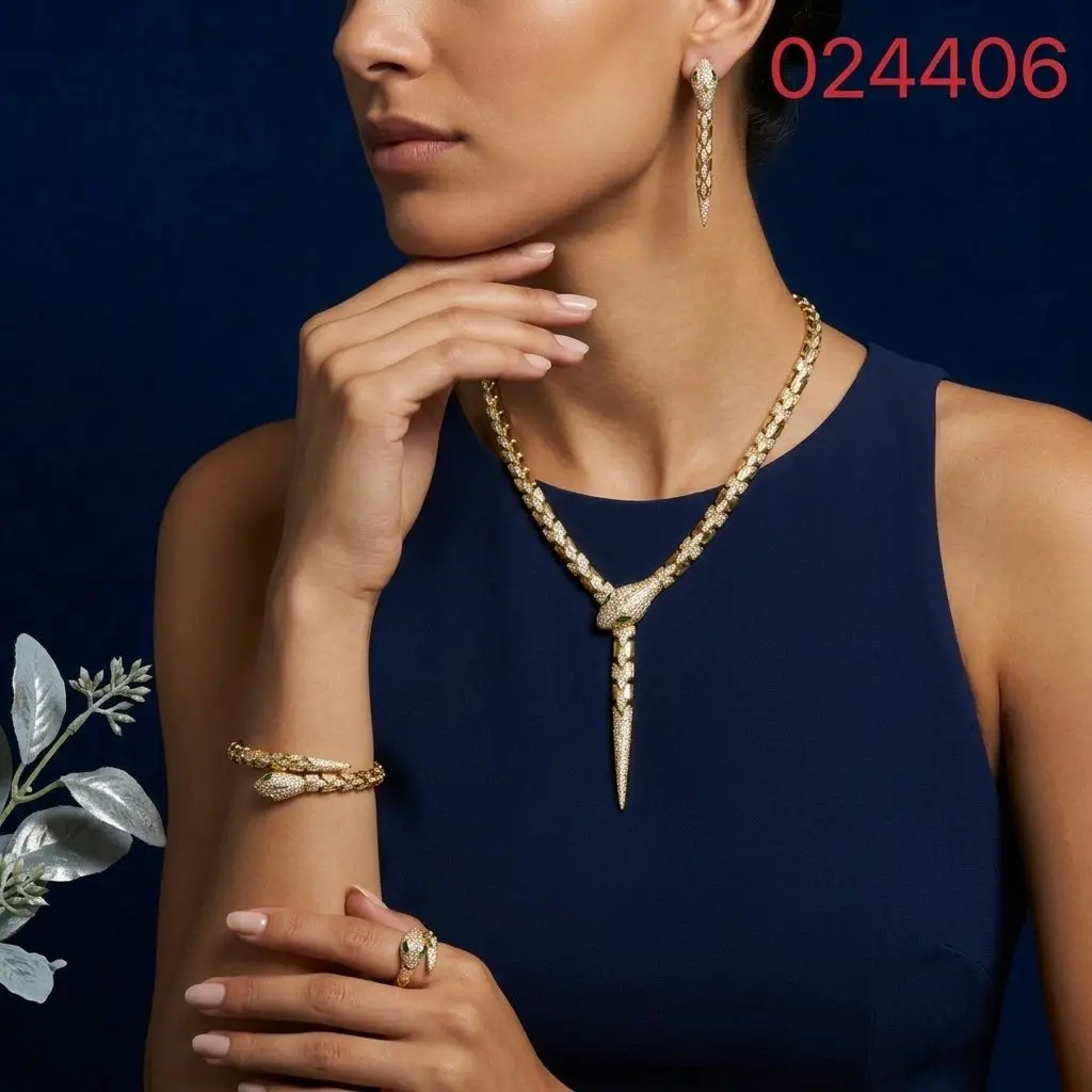 Bride Talk Luxury Snake Jewelry Set 4Pcs Gold Plated Serpent Animal Design Pave Zircon Wedding Bridal Accessories Party Gifts