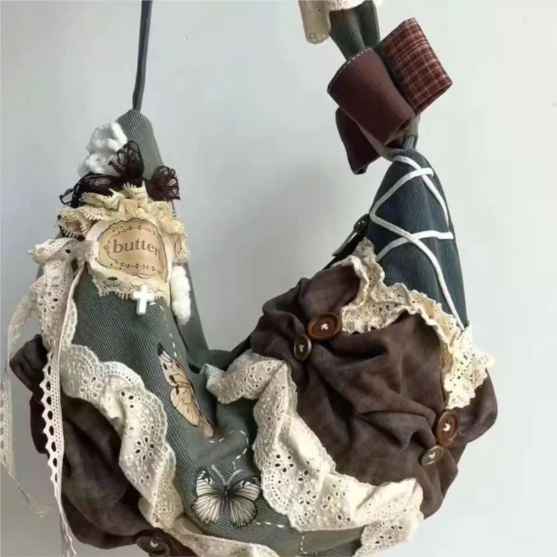 JIAERDI Harajuku Vintage Bow Handbag Women Lace Patchwork Button Shoulder Bags Ladies Elegant Butterfly Print Crossbody Bag 2025