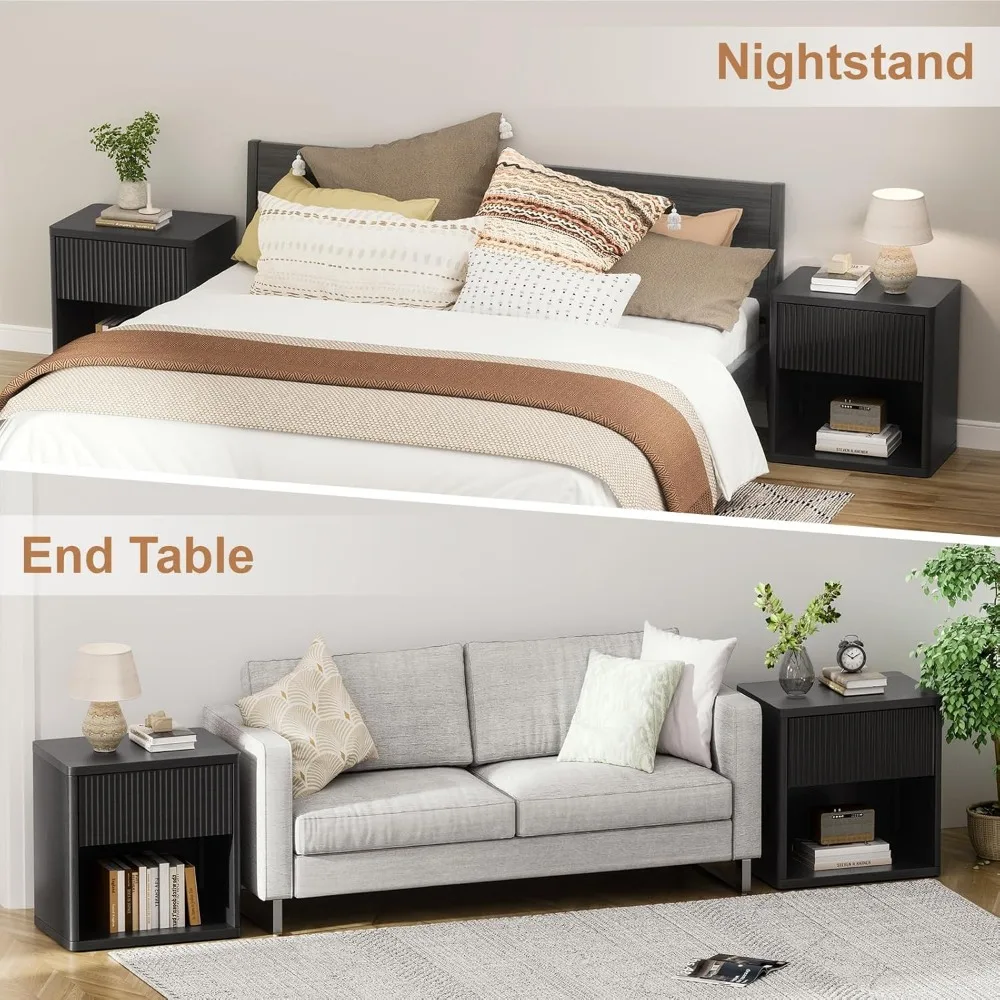 زوج من طاولات النوم الحديثة ذات المزامير باللون الأسود بعرض 22.8 بوصة مع 4 أدراج وتخزين مخفي