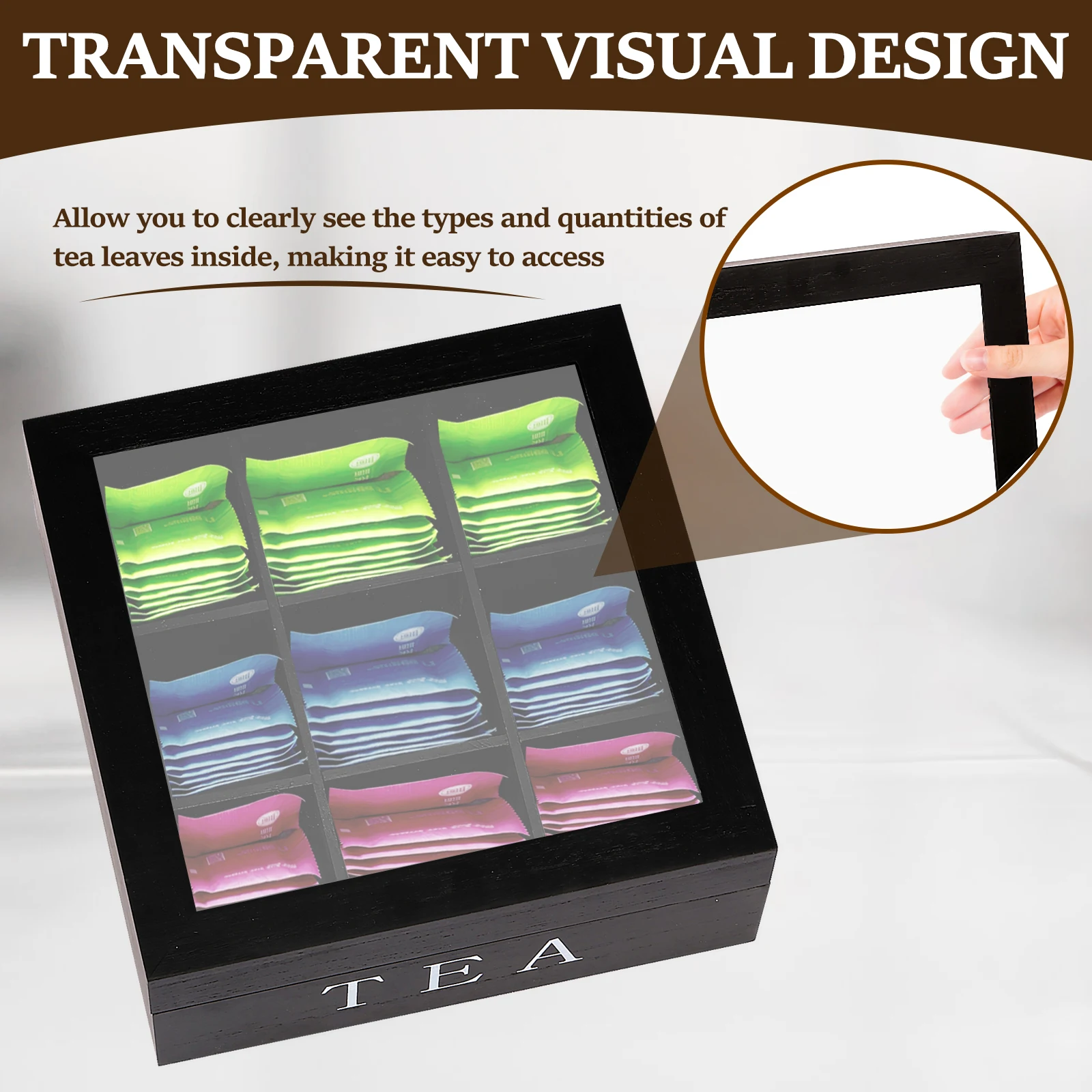 Wood Tea Bag Storage Box with Clear Lid 9 Compartments Square Container Desktop Jewelry Organizer Tea Box Case