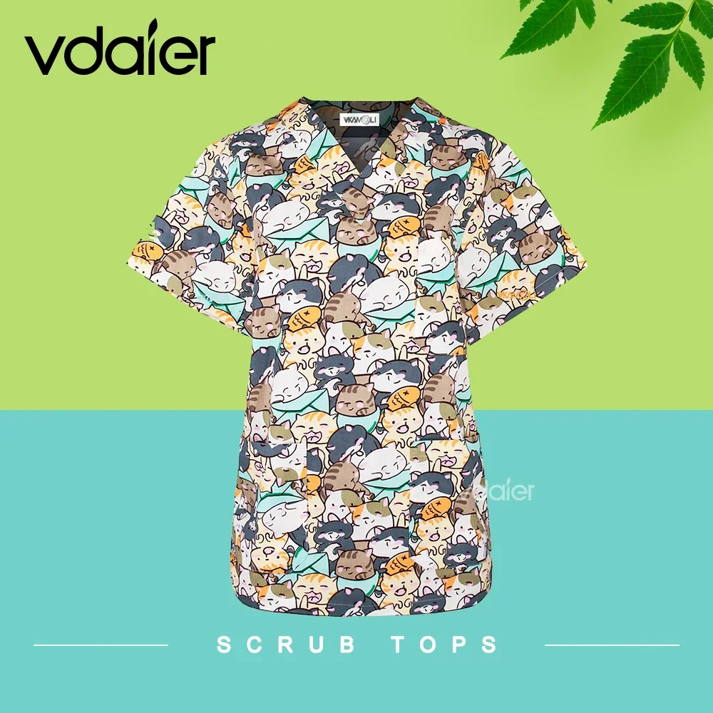 wholesale Cotton Cartoon print uniform beauty salon Pet shop uniform Fashion Slim Fit scrub clothes women Medical scrub tops