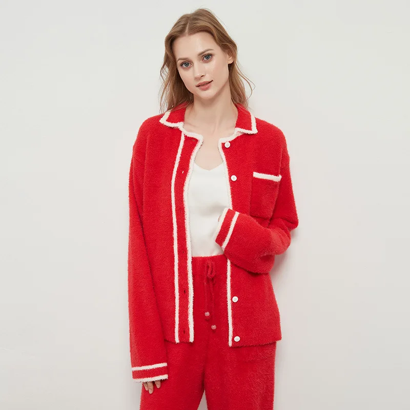 2Pcs Set Cute Thickened Warm Sleepwear Pants Peach Coral Velvet Women Homewear Suit Autumn and Winter Ladies Cardigan Nightwear