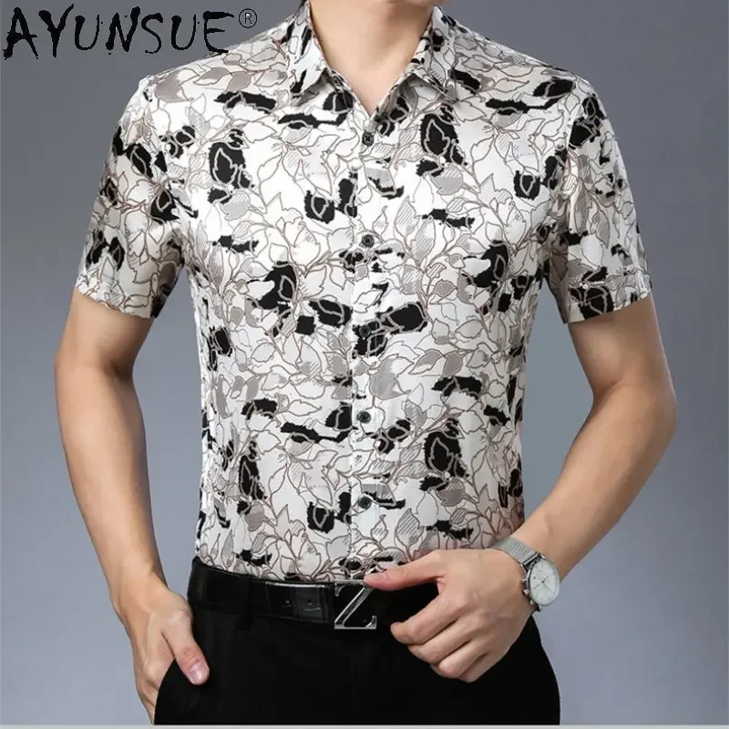 

High Quality 93% Mulberry Real Silk Shirt Men Fashion Print Shirt Men's Clothing Summer Short Sleeve Shirt for Men Chemise Homme