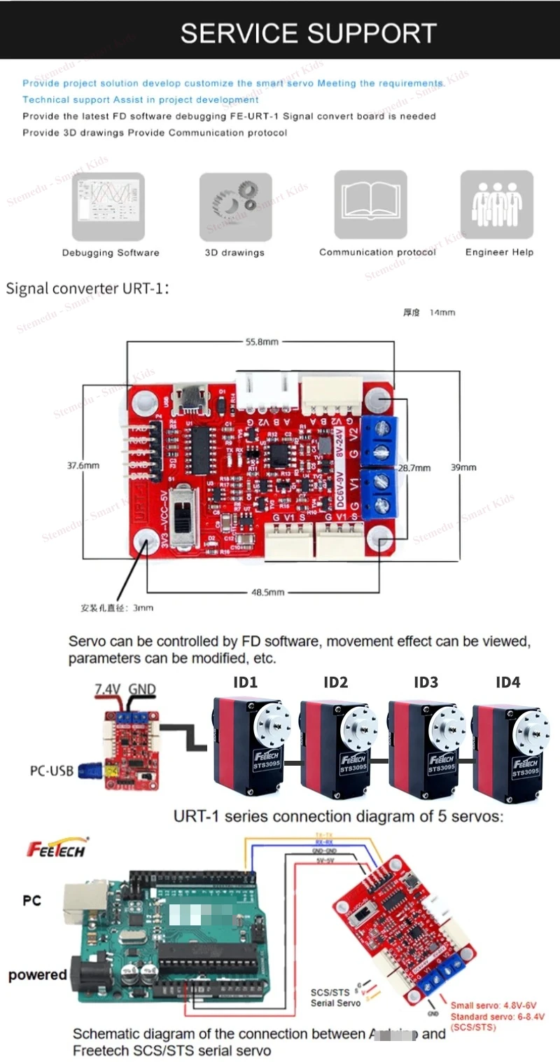 Feetech ST-3095-C001 Servomotore intelligente a coppia elevata da 105 kg. cm 8,4 V Metal Gear TTL Controllo bus seriale per robot industriale