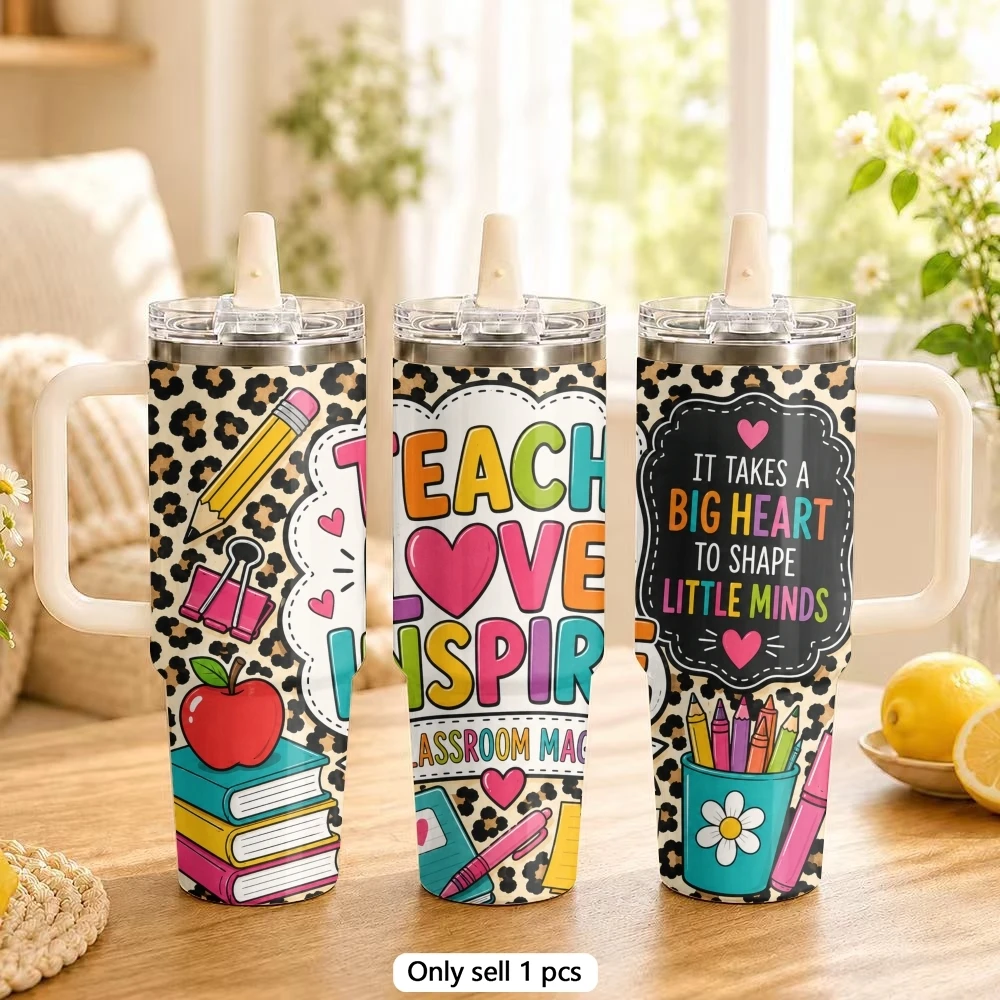 Leopard-Print Teacher Vacuum Flasks 40oz Stainless Steel Tumbler with Handle Straw Lid Vacuum Insulated Double Wall Leak Proof