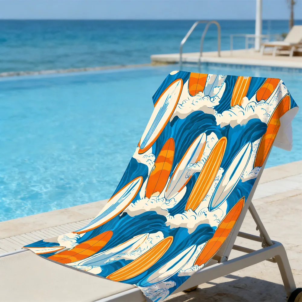 Retro Surfboard Beach Towel – Oversized Quick Dry Sand Free with Ocean Wave Print